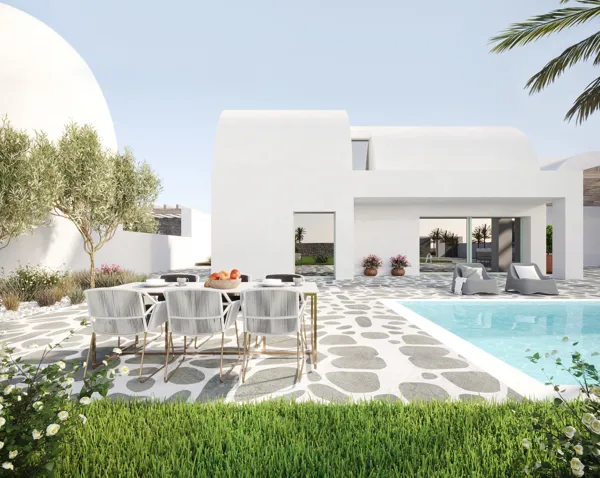 Panoramic views properties of the azure Aegean Sea and the world-famous Santorini sunset - Thira, Santorini, Cyclades Islands
