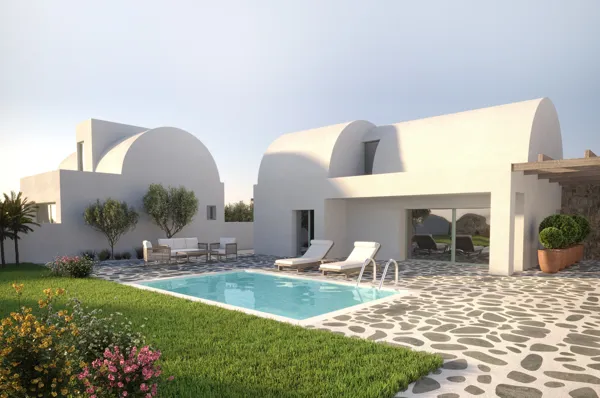 Panoramic views properties of the azure Aegean Sea and the world-famous Santorini sunset - Thira, Santorini, Cyclades Islands